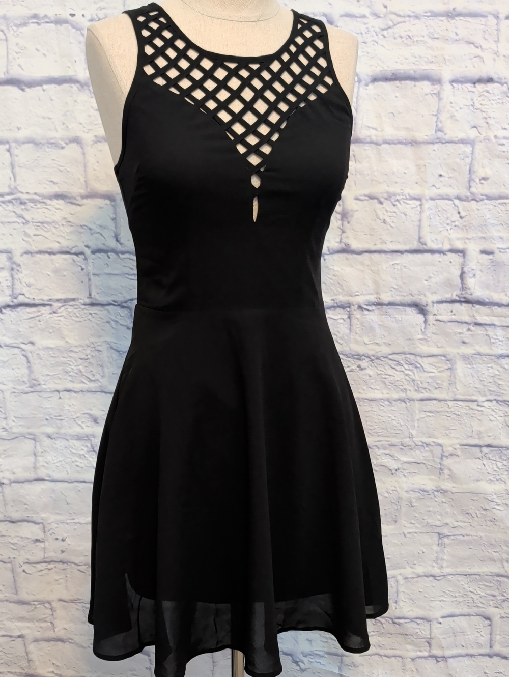 Forever 21 Black Sleeveless Fit & Flare Dress w/ Lattice Neckline - Size Small